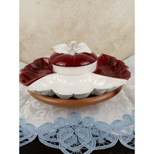 Vintage California Pottery Apple & Leaves Lazy Susan Red and White